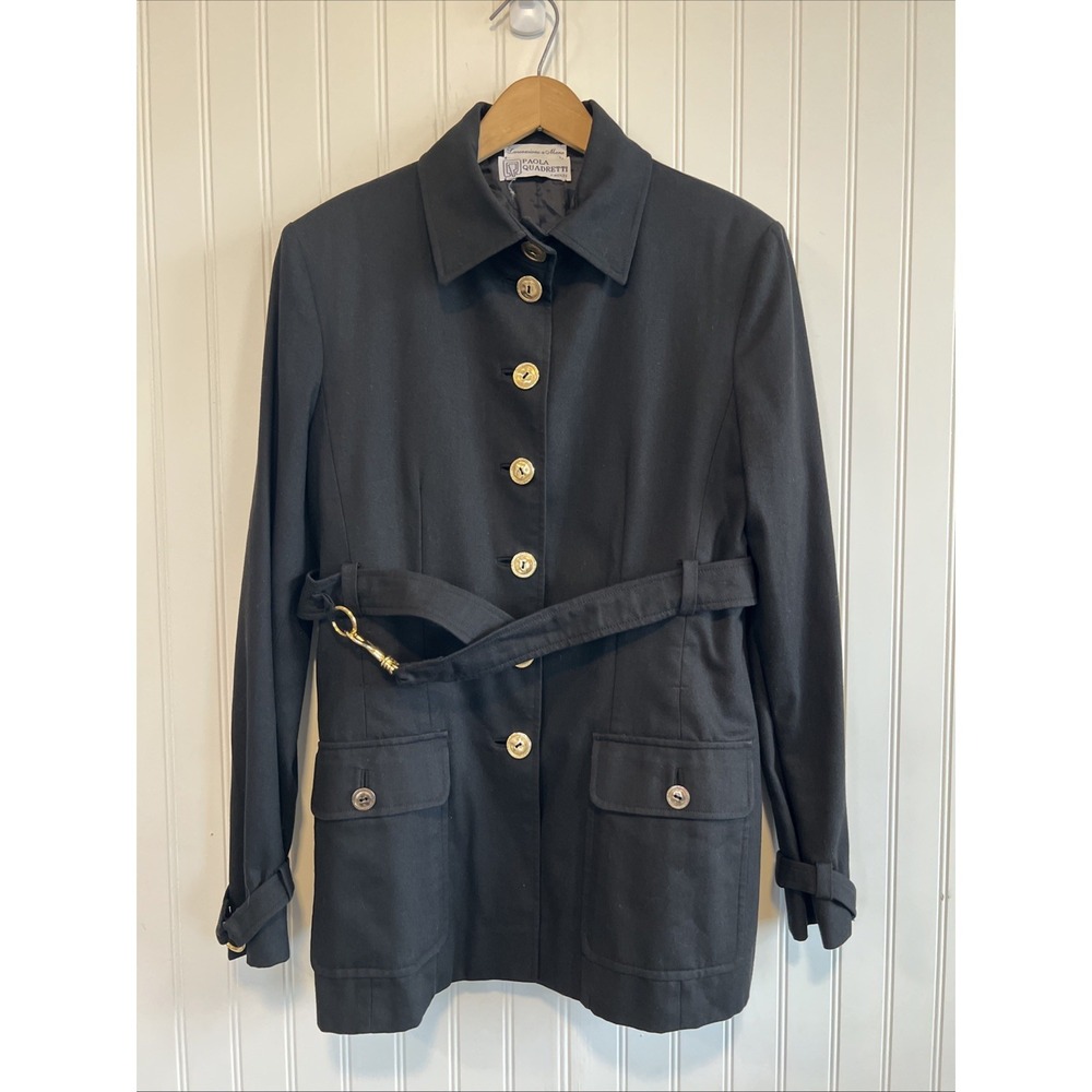 paola quadretti Black Trench‎ Coat Belted Small Gold Hammered Buttons